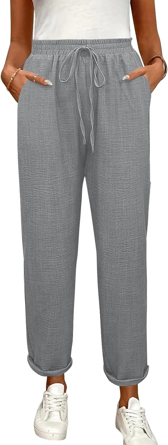 Linen Pants Women Summer Drawstring Elastic High Waisted Pants Tapered Wide Leg Pant Cropped Lounge Pant