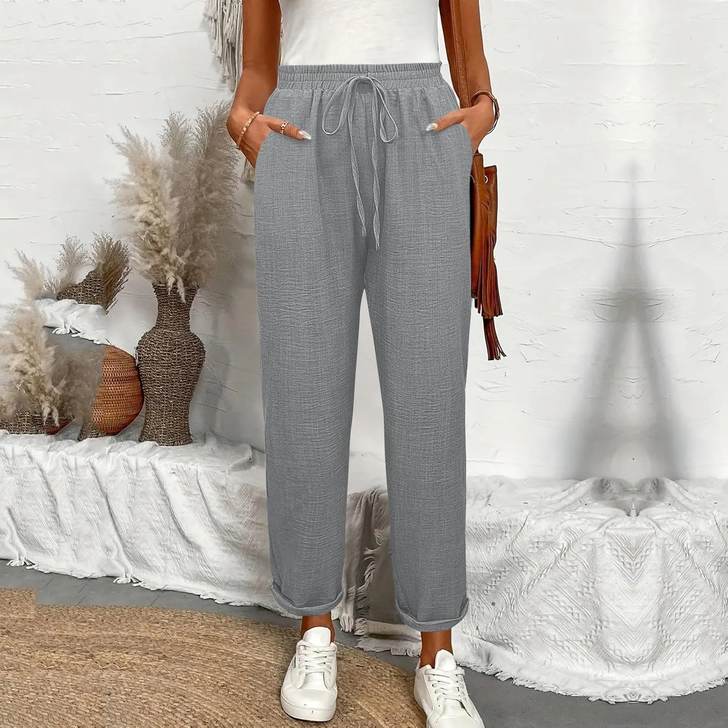 Linen Pants Women Summer Drawstring Elastic High Waisted Pants Tapered Wide Leg Pant Cropped Lounge Pant