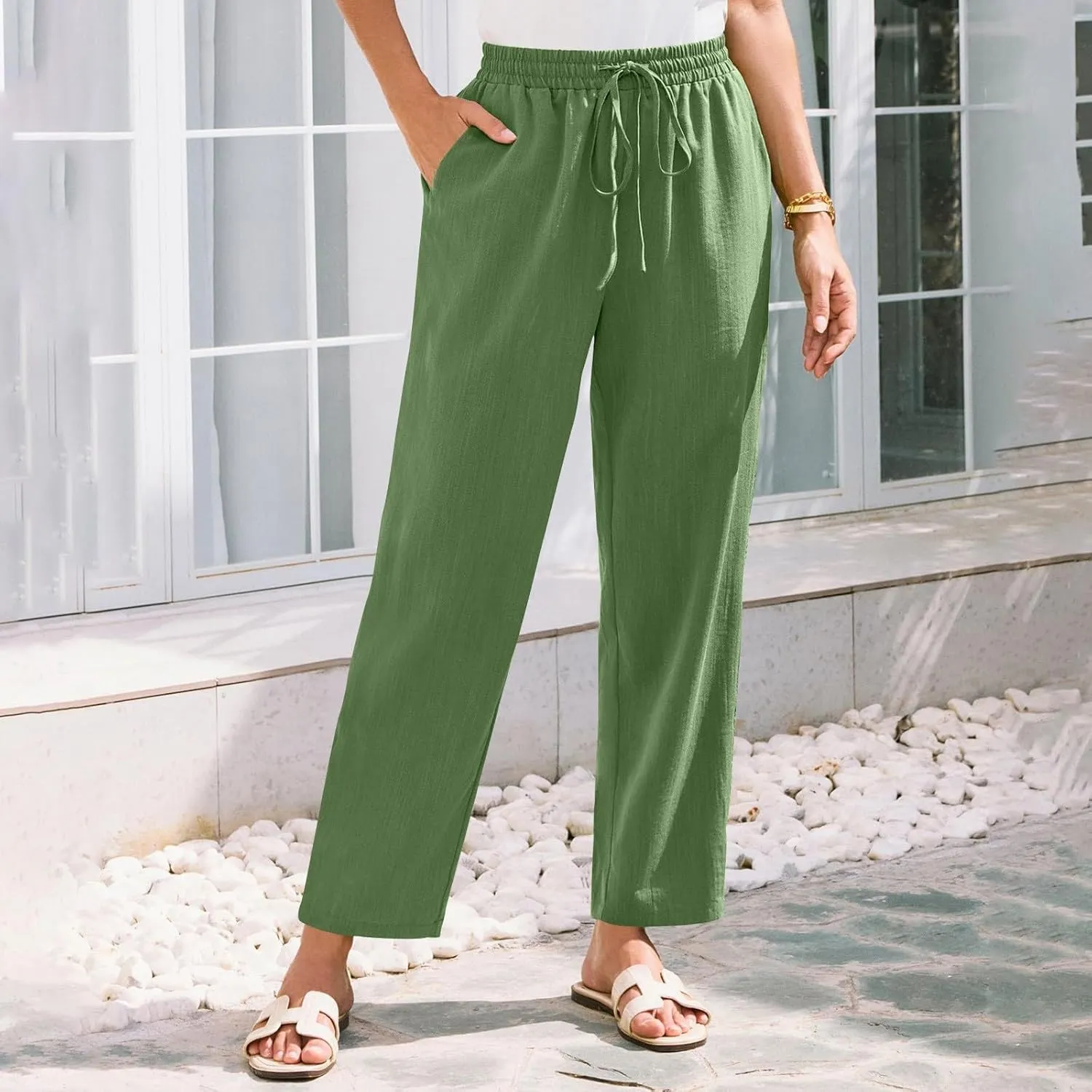 Linen Pants Women Summer Flowy Wide Leg Drawstring Casual Trousers with Pockets Beach Vacation Basic Outfits