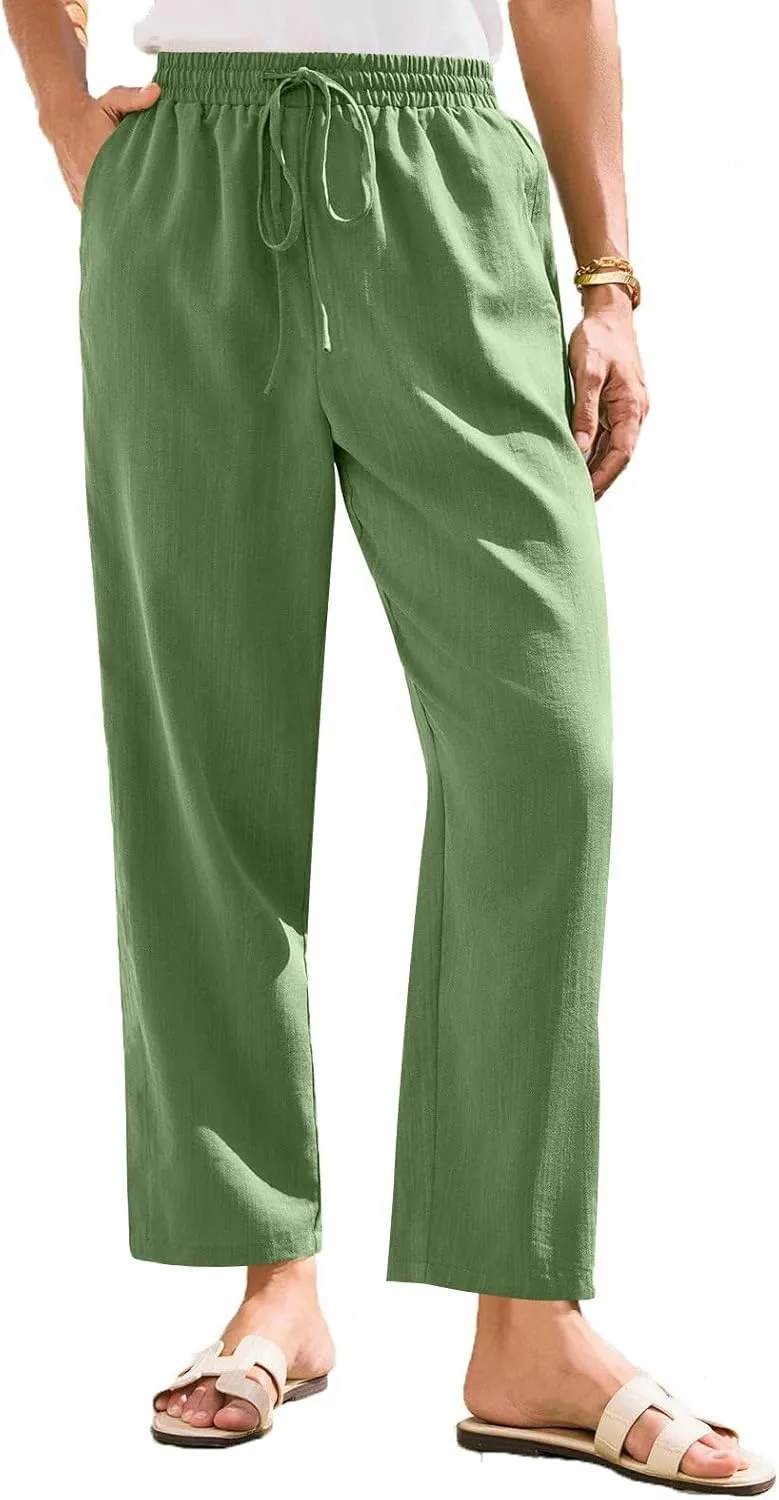 Linen Pants Women Summer Flowy Wide Leg Drawstring Casual Trousers with Pockets Beach Vacation Basic Outfits