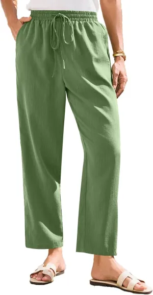 Linen Pants Women Summer Flowy Wide Leg Drawstring Casual Trousers with Pockets Beach Vacation Basic Outfits