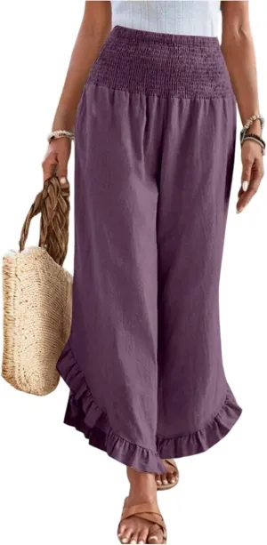 Linen Pants Women Summer Wide Leg Smocked Waist Ruffle Hem Palazzo Pant Boho Flowy Beach Trousers with Pockets