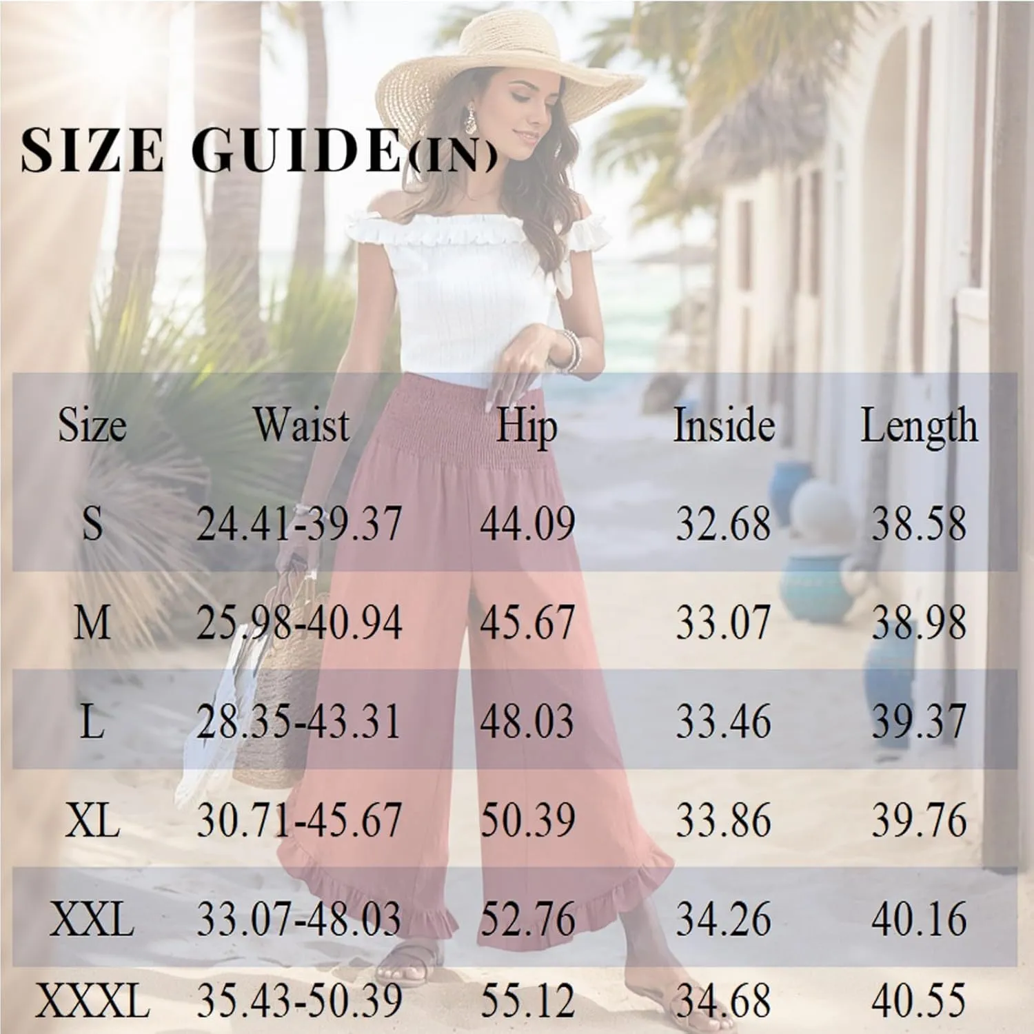 Linen Pants Women Summer Wide Leg Smocked Waist Ruffle Hem Palazzo Pant Boho Flowy Beach Trousers with Pockets
