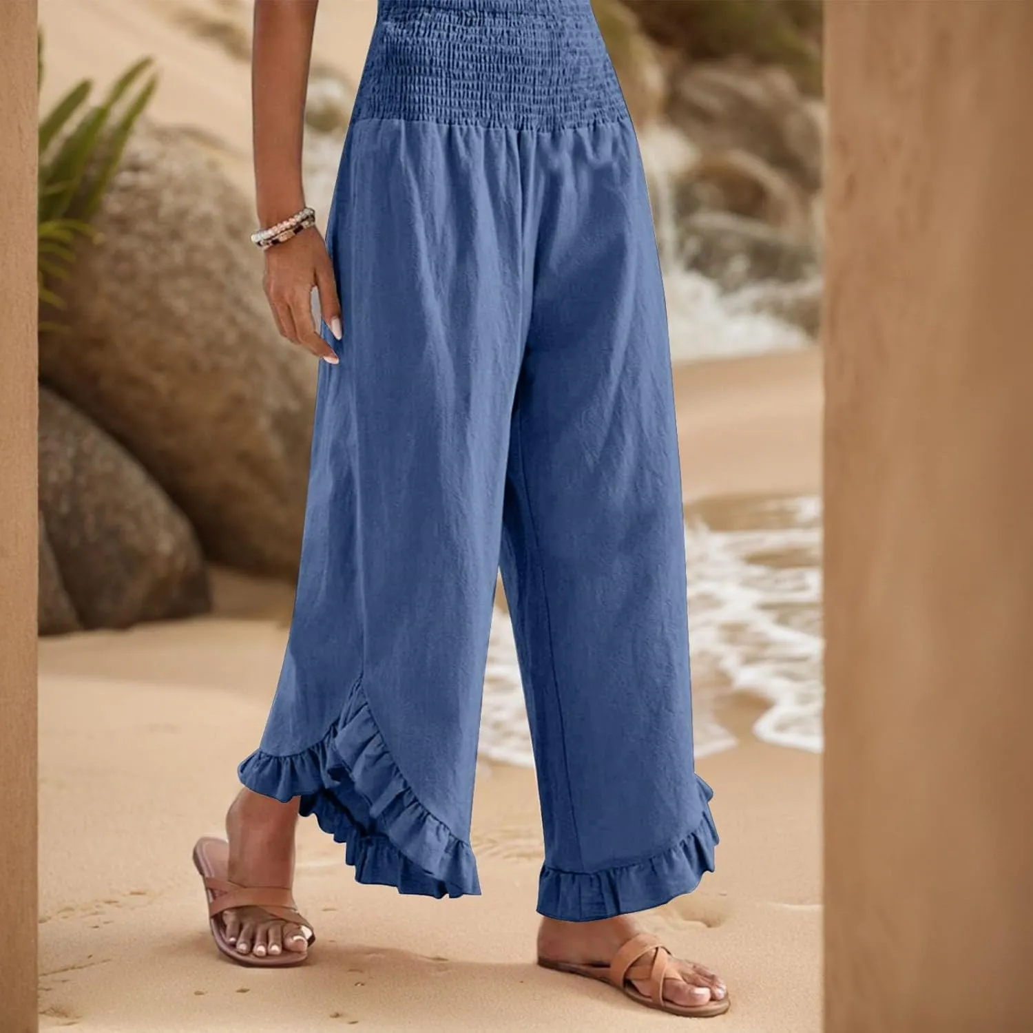 Linen Pants Women Summer Wide Leg Smocked Waist Ruffle Hem Palazzo Pant Boho Flowy Beach Trousers with Pockets