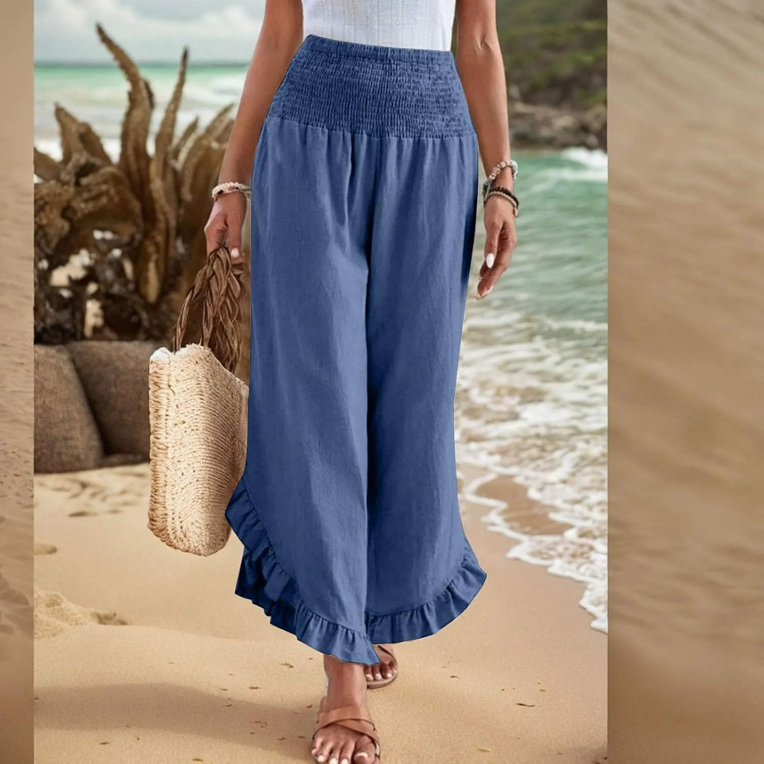 Linen Pants Women Summer Wide Leg Smocked Waist Ruffle Hem Palazzo Pant Boho Flowy Beach Trousers with Pockets