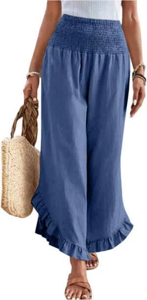 Linen Pants Women Summer Wide Leg Smocked Waist Ruffle Hem Palazzo Pant Boho Flowy Beach Trousers with Pockets