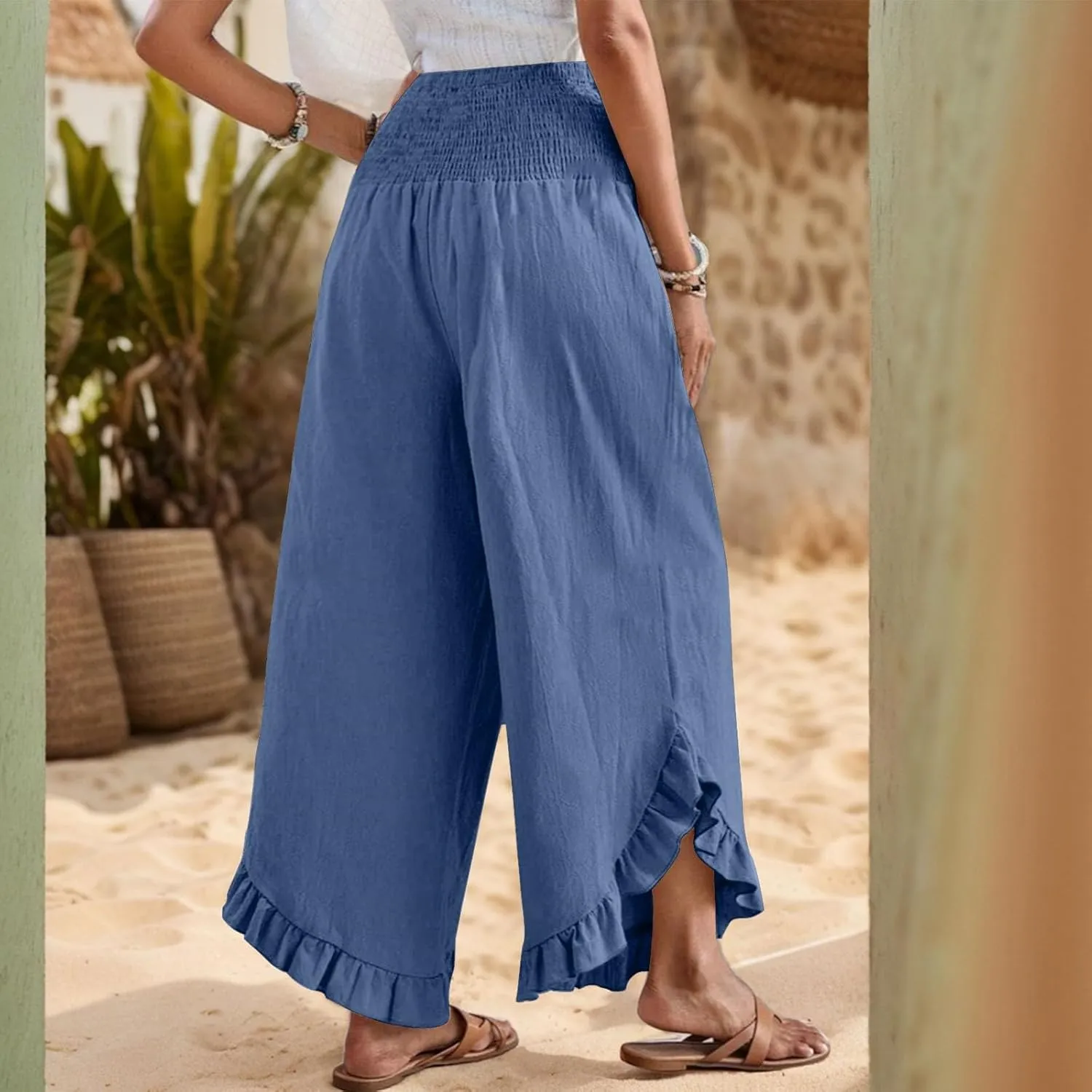Linen Pants Women Summer Wide Leg Smocked Waist Ruffle Hem Palazzo Pant Boho Flowy Beach Trousers with Pockets