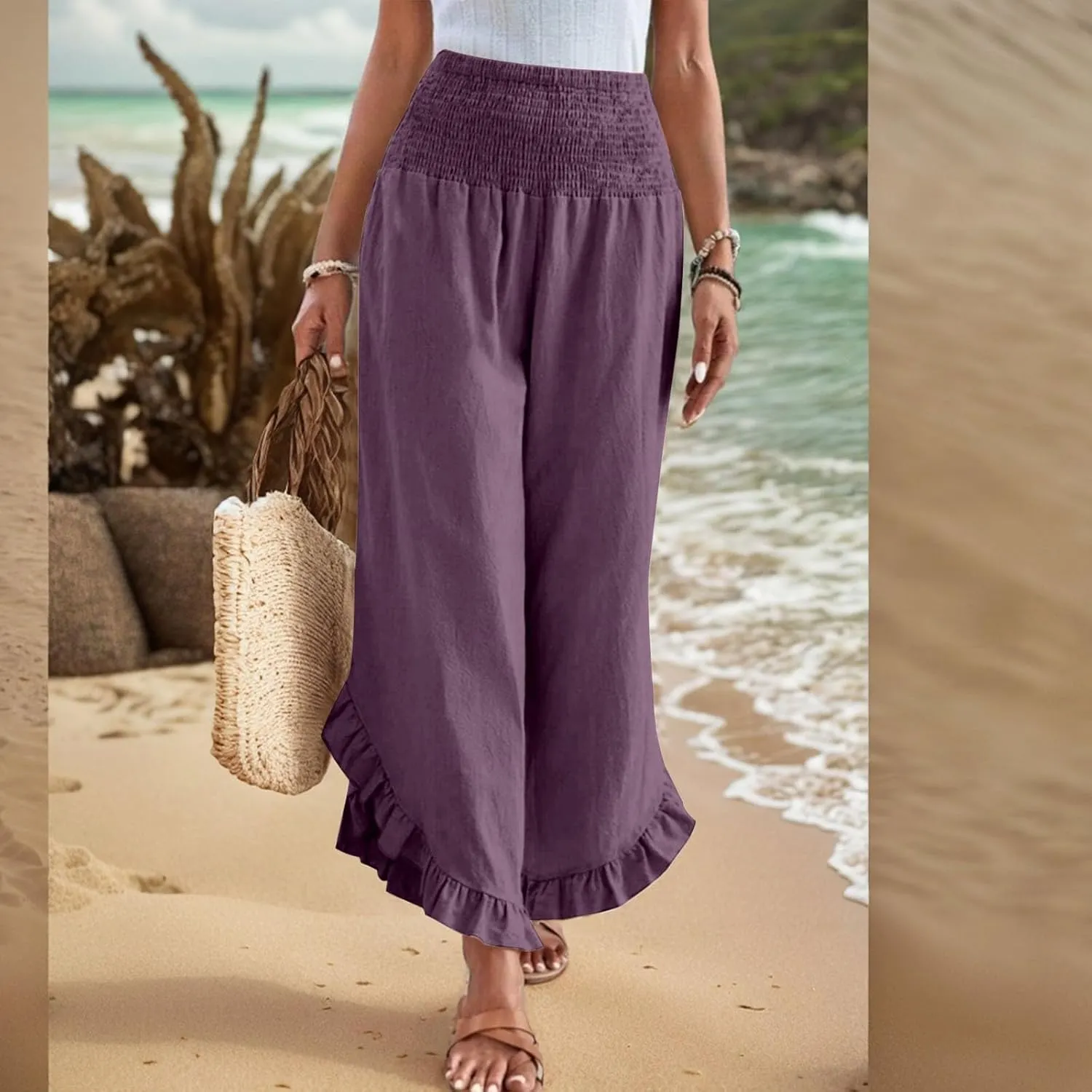 Linen Pants Women Summer Wide Leg Smocked Waist Ruffle Hem Palazzo Pant Boho Flowy Beach Trousers with Pockets