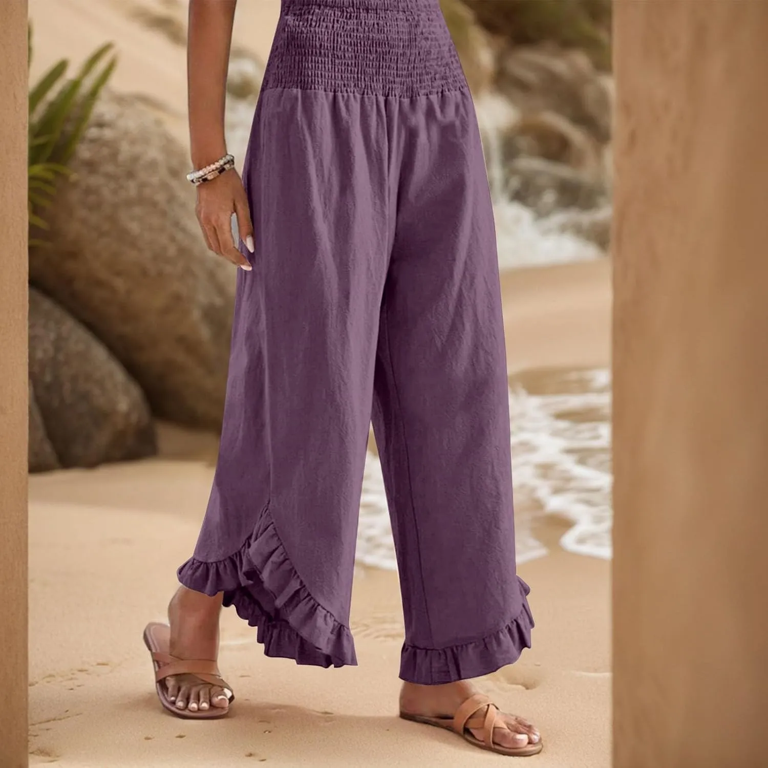 Linen Pants Women Summer Wide Leg Smocked Waist Ruffle Hem Palazzo Pant Boho Flowy Beach Trousers with Pockets