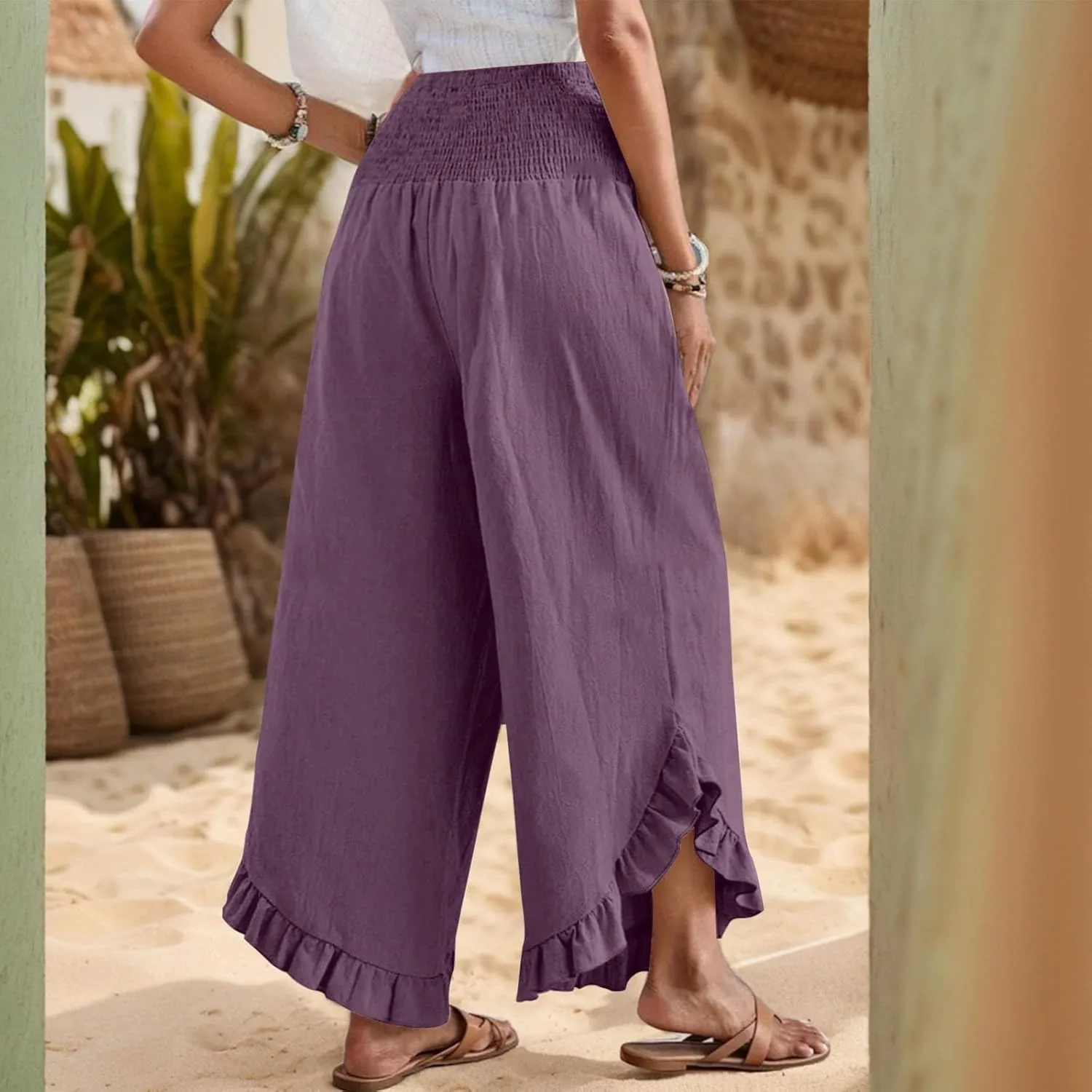 Linen Pants Women Summer Wide Leg Smocked Waist Ruffle Hem Palazzo Pant Boho Flowy Beach Trousers with Pockets