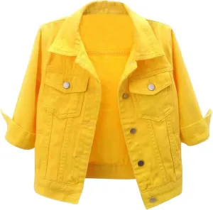 Linjinx Women's Turn-down Collar 3/4 Sleeve Denim Jacket Casual Jean Jacket Trucker Coats Tops