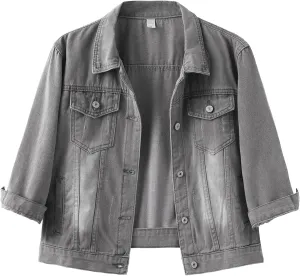 Locachy Womens 3/4 Sleeve Short Denim Jacket Lapel Button Down Cropped Trucker Jean Jackets Coats