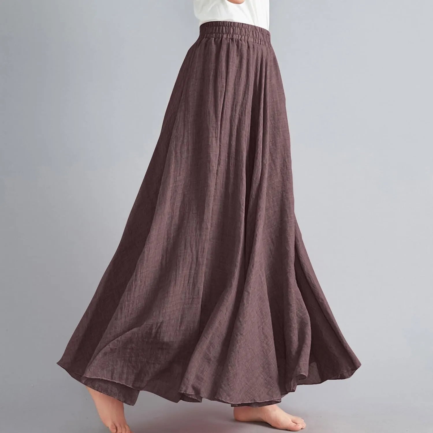 Long Skirts for Women Trendy Vacation Soft Flowy Beach Linen Maxi Skirt Full Length Elastic High Waisted Boho Skirt