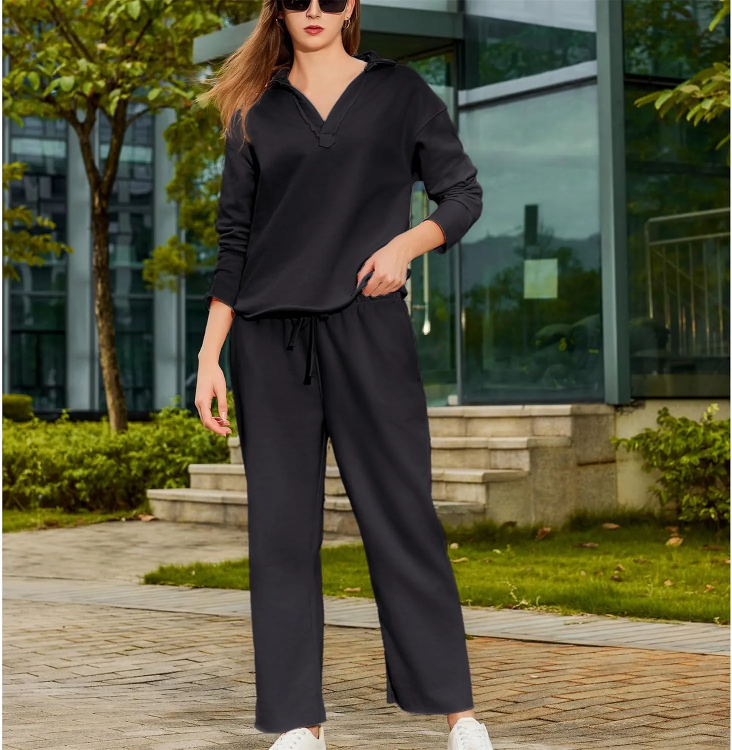 Lounge Sets for Women 2 Piece Outfits Long Sleeve V Neck Pullover Sweatshirts Wide Leg Pants Travel Tracksuit Set