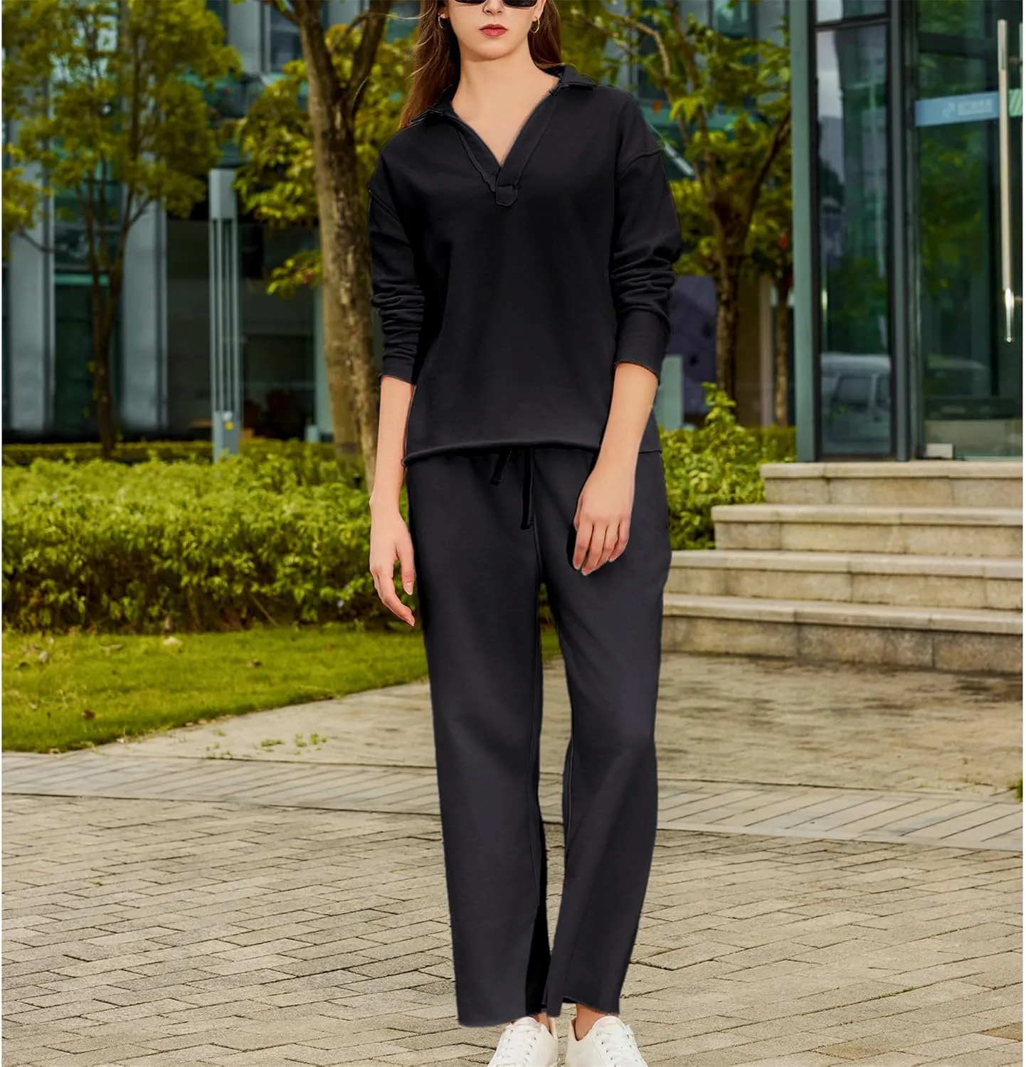Lounge Sets for Women 2 Piece Outfits Long Sleeve V Neck Pullover Sweatshirts Wide Leg Pants Travel Tracksuit Set