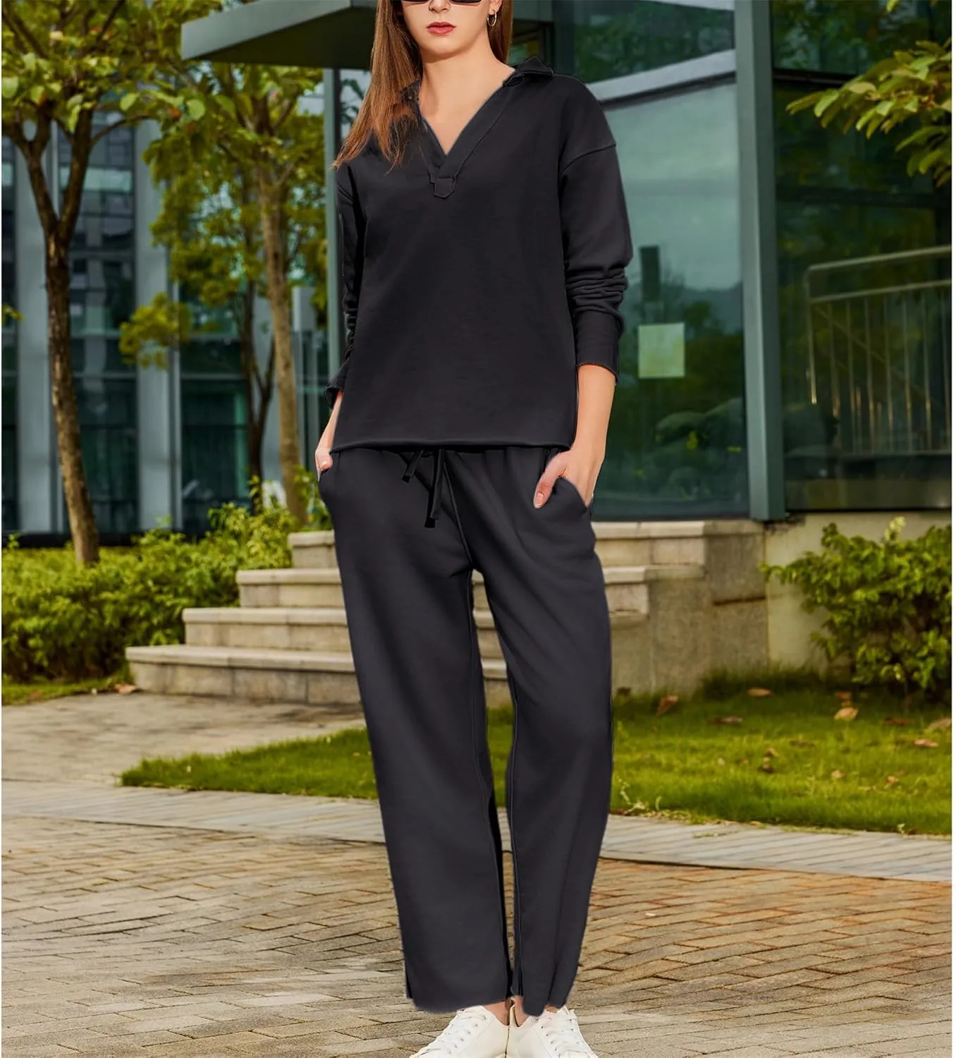 Lounge Sets for Women 2 Piece Outfits Long Sleeve V Neck Pullover Sweatshirts Wide Leg Pants Travel Tracksuit Set