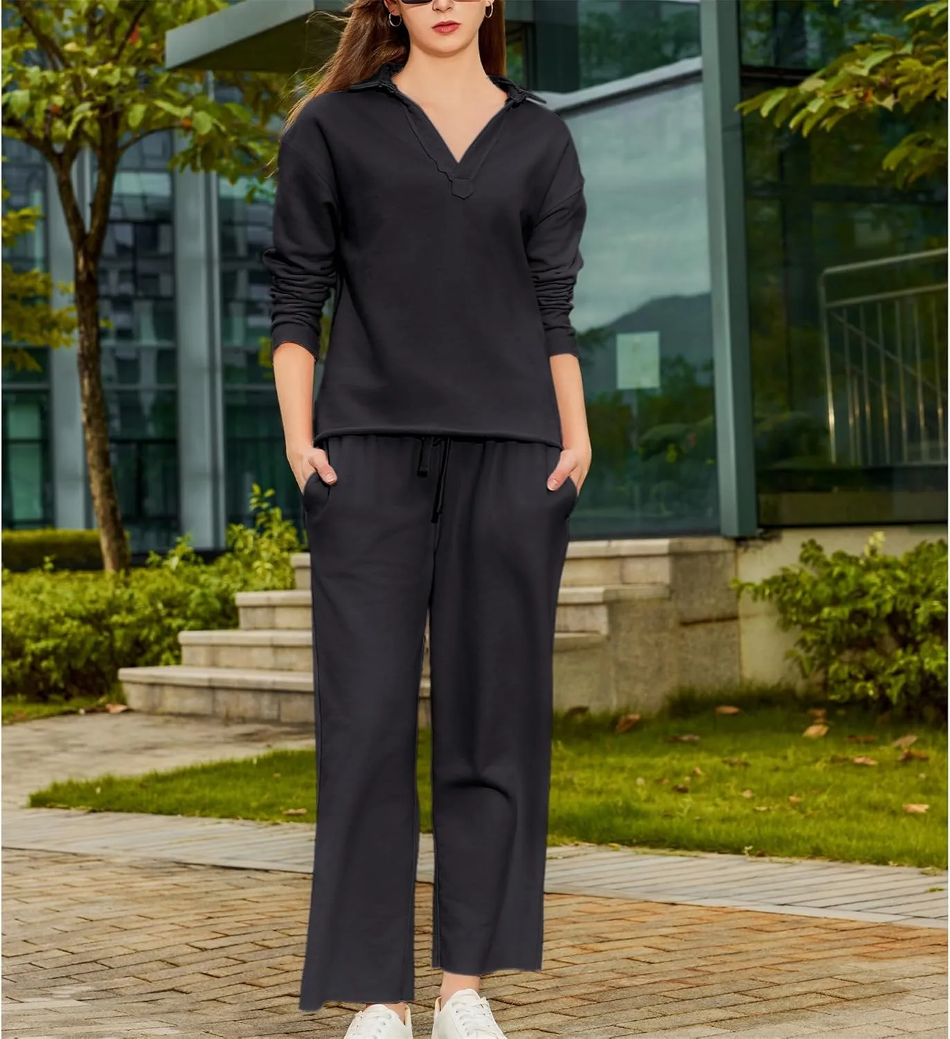 Lounge Sets for Women 2 Piece Outfits Long Sleeve V Neck Pullover Sweatshirts Wide Leg Pants Travel Tracksuit Set