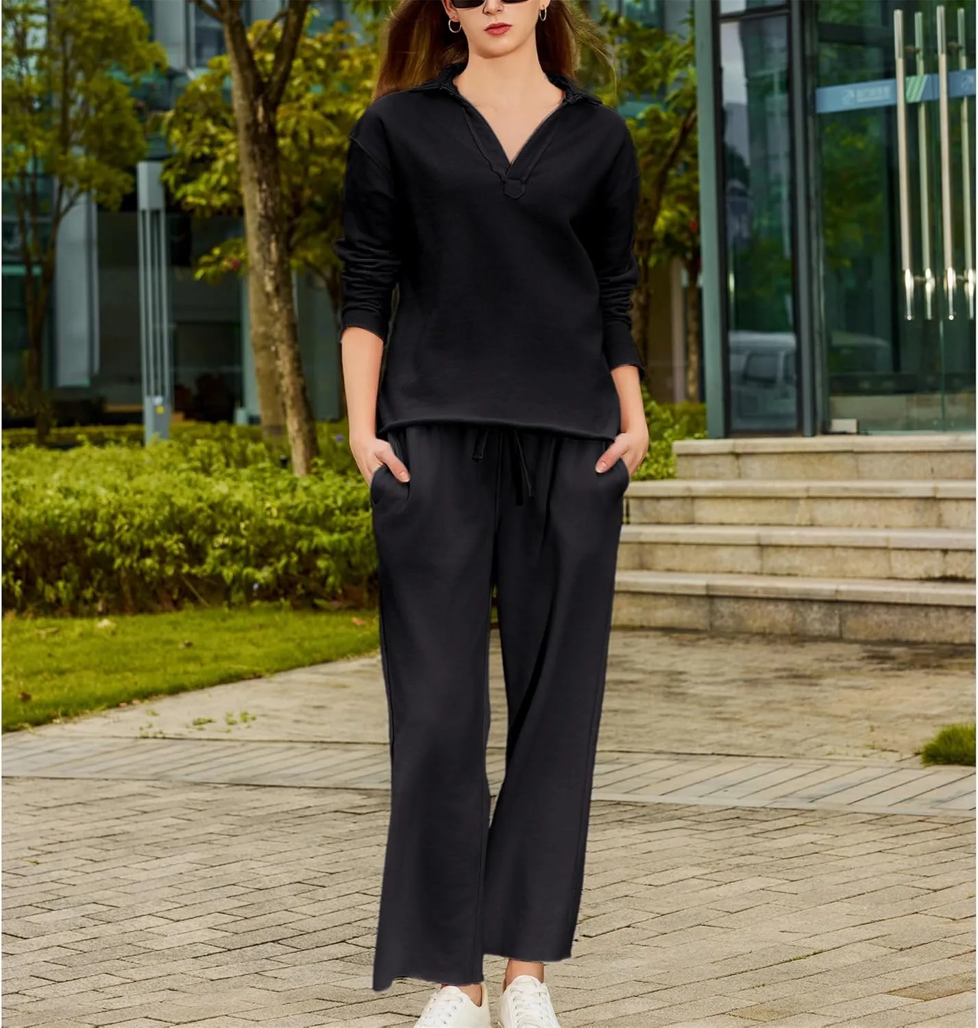 Lounge Sets for Women 2 Piece Outfits Long Sleeve V Neck Pullover Sweatshirts Wide Leg Pants Travel Tracksuit Set