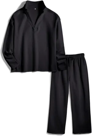 Lounge Sets for Women 2 Piece Outfits Long Sleeve V Neck Pullover Sweatshirts Wide Leg Pants Travel Tracksuit Set