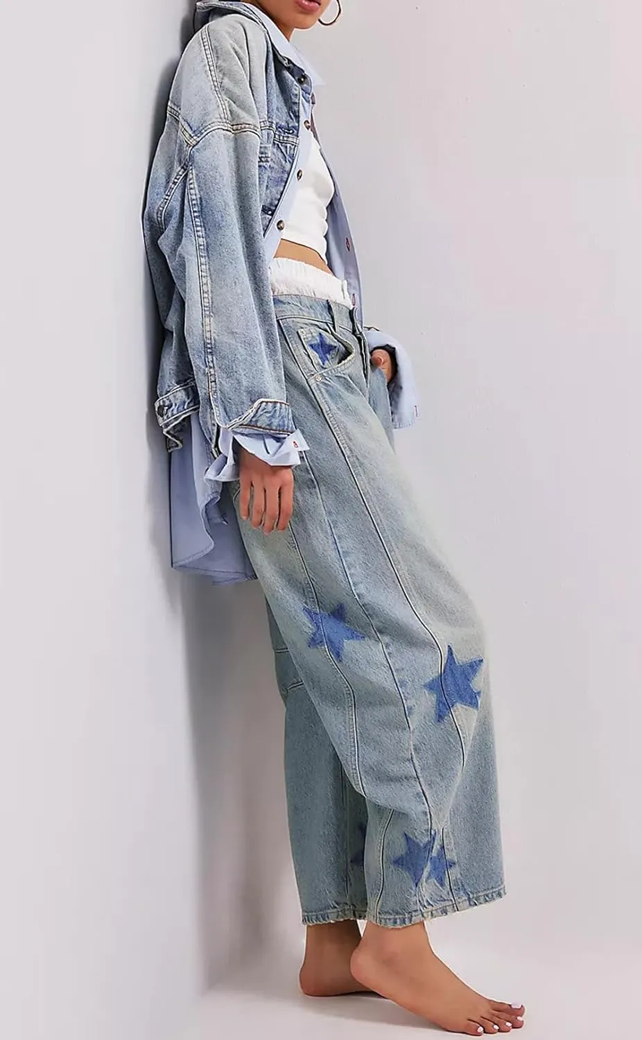 loveimgs Women's Mid Rise Barrel Jeans Wide Leg Baggy Printed Loose Y2k Boyfriend Denim Pants Horseshoe Jeans