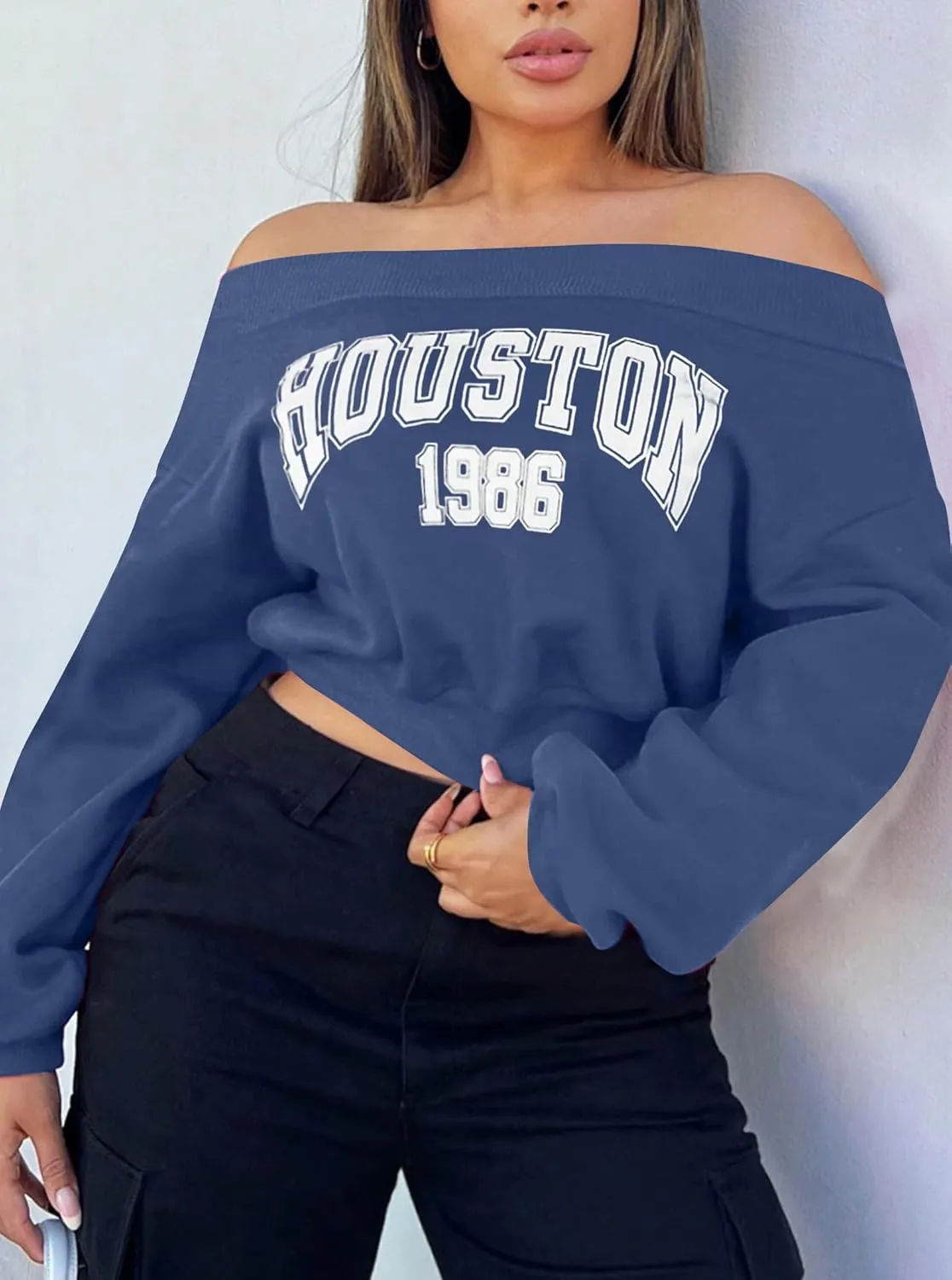 LovelyWholesale Women Off the Shoulder Sweatshirt Graphic Crop Tops Long Sleeve Shirts