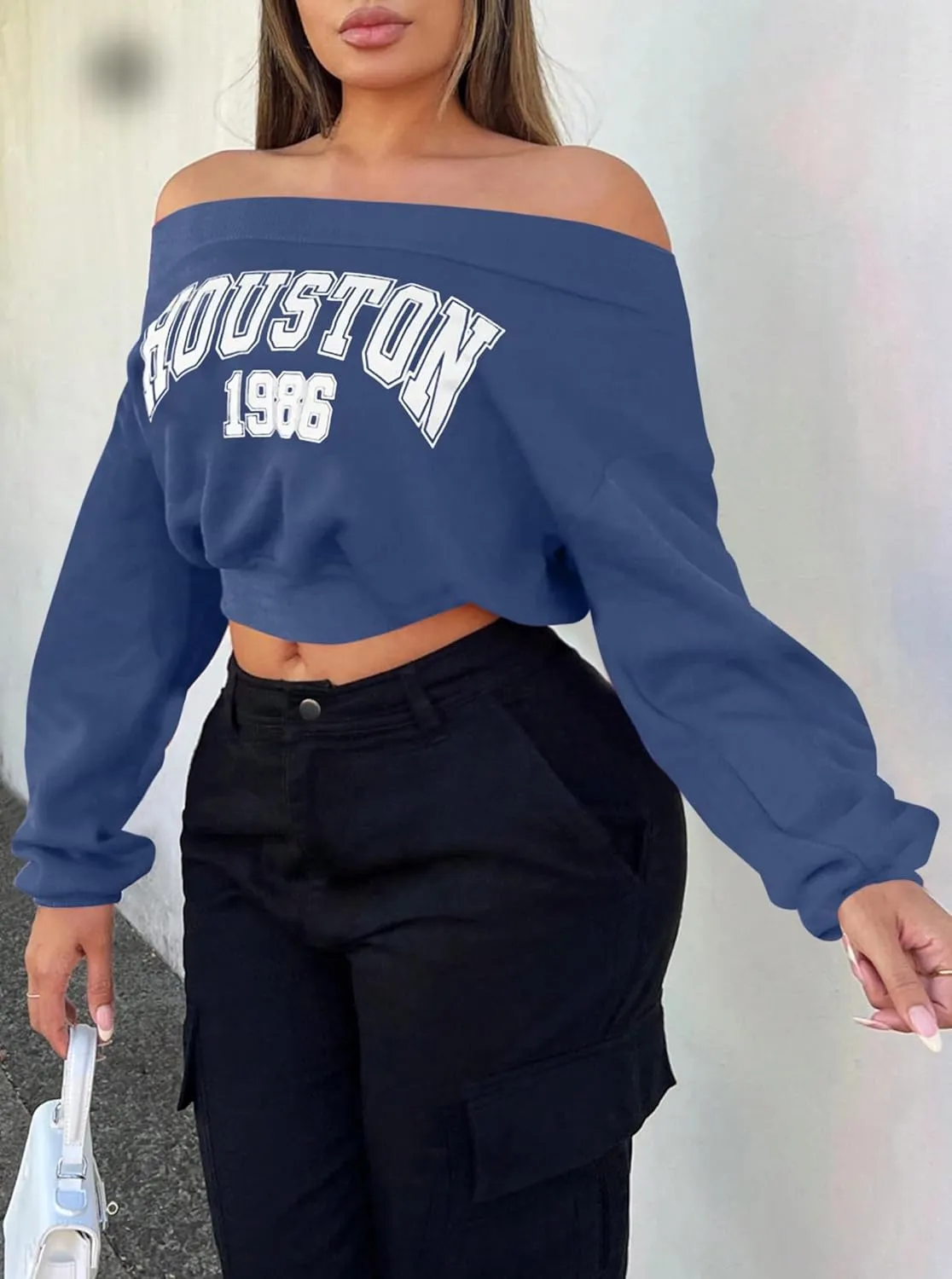 LovelyWholesale Women Off the Shoulder Sweatshirt Graphic Crop Tops Long Sleeve Shirts