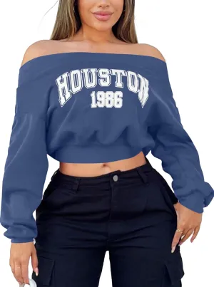 LovelyWholesale Women Off the Shoulder Sweatshirt Graphic Crop Tops Long Sleeve Shirts