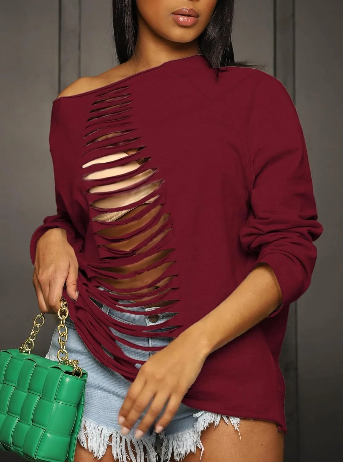 LovelyWholesale Women Off the Shoulder Sweatshirt Sexy Ripped Long Sleeve Shirts