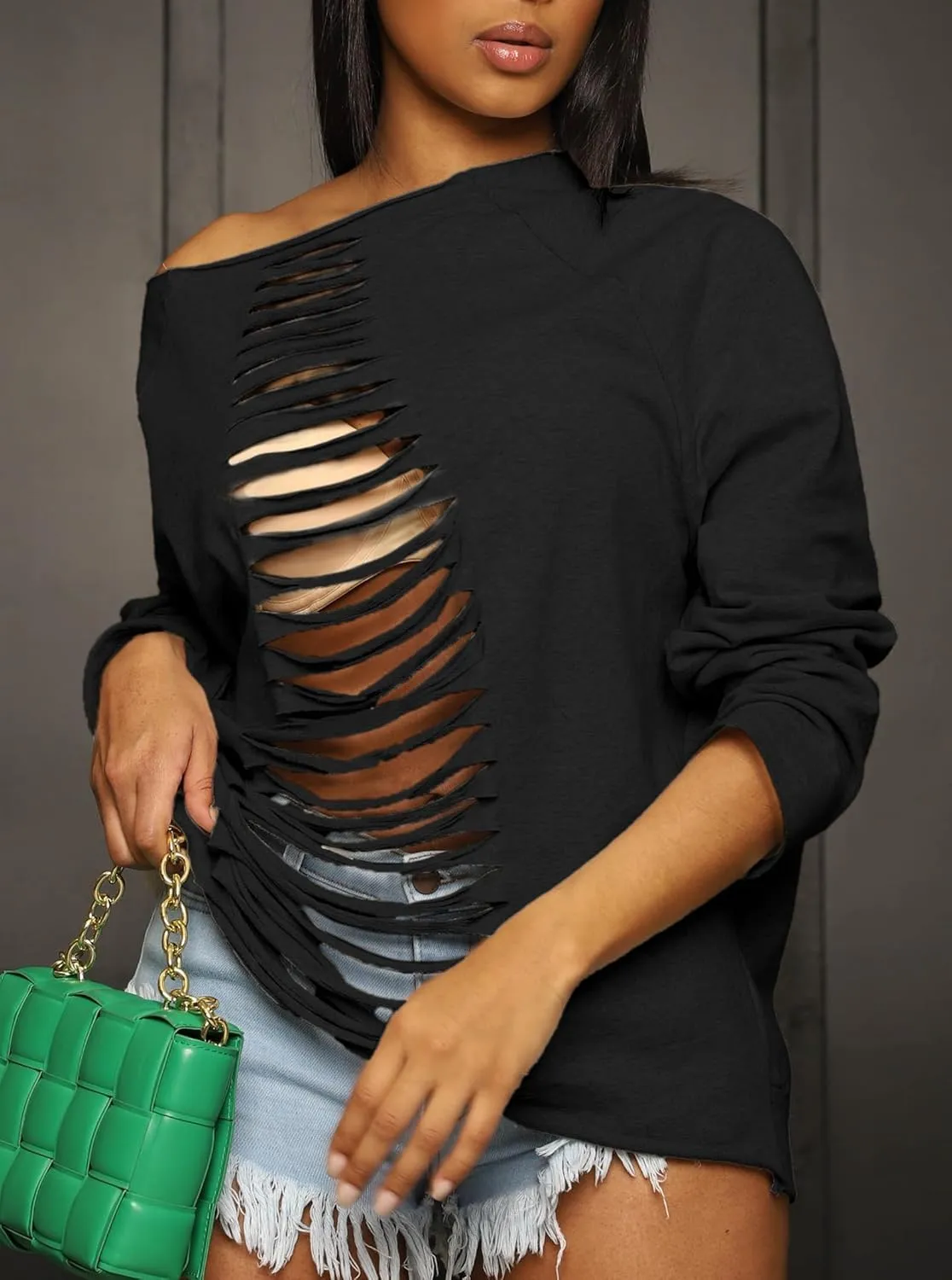 LovelyWholesale Women Off the Shoulder Sweatshirt Sexy Ripped Long Sleeve Shirts