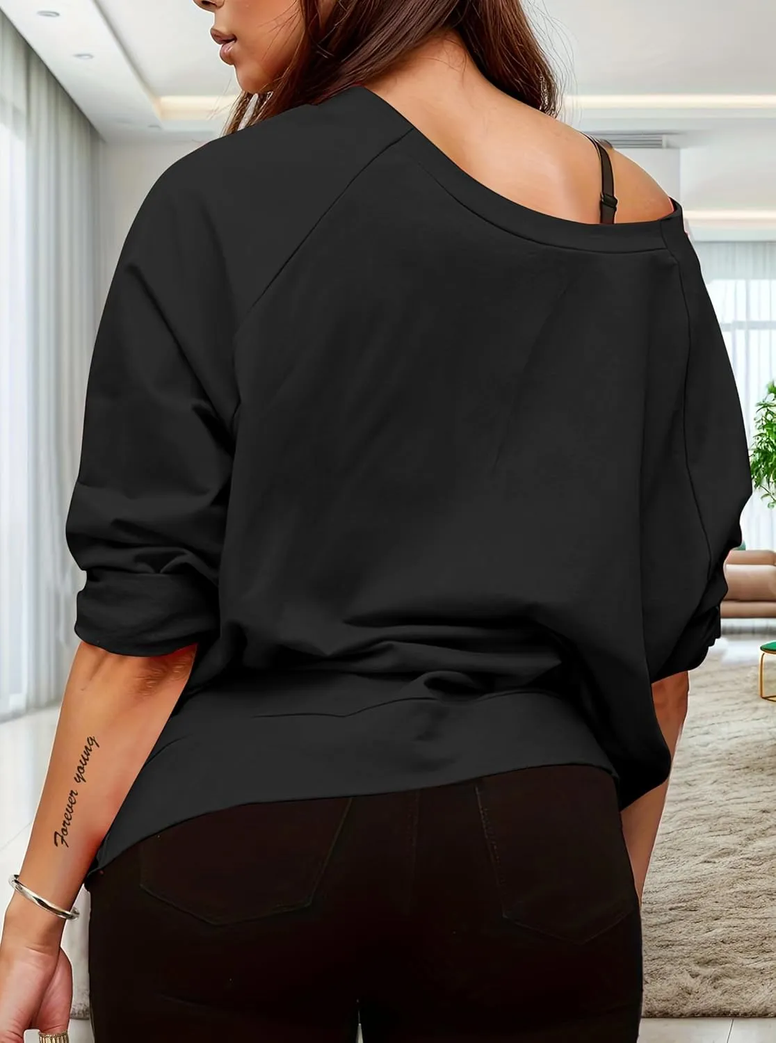LovelyWholesale Women Off the Shoulder Sweatshirt Sexy Ripped Long Sleeve Shirts
