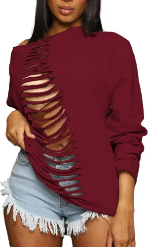 LovelyWholesale Women Off the Shoulder Sweatshirt Sexy Ripped Long Sleeve Shirts