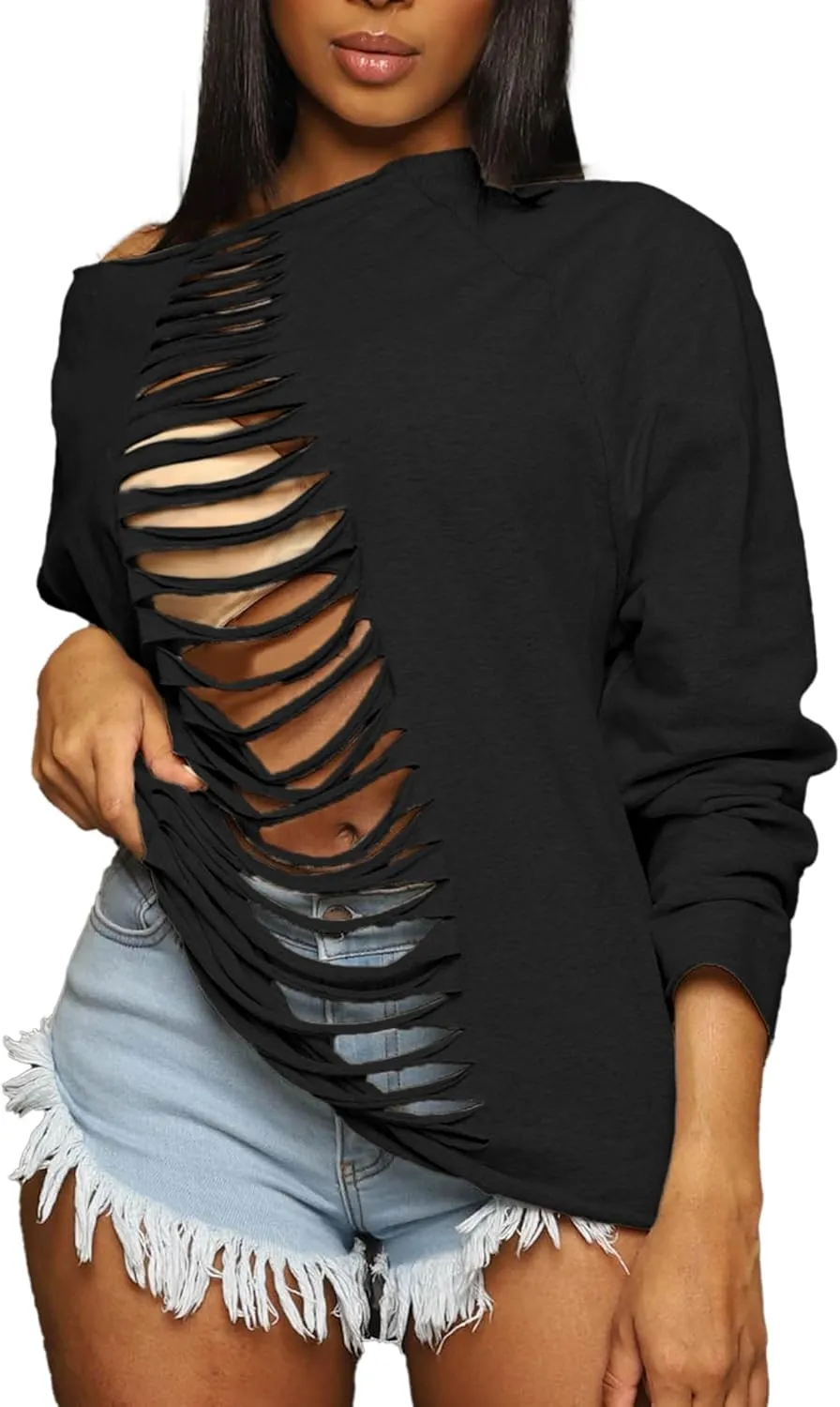 LovelyWholesale Women Off the Shoulder Sweatshirt Sexy Ripped Long Sleeve Shirts
