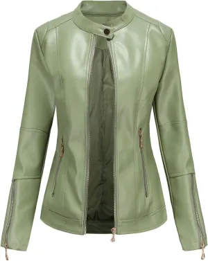 Lu's Chic Women's Fall Leather Jacket Motorcycle Jacket Faux Leather Warm Spring Zip Up Vintage Motorcycle Jacket