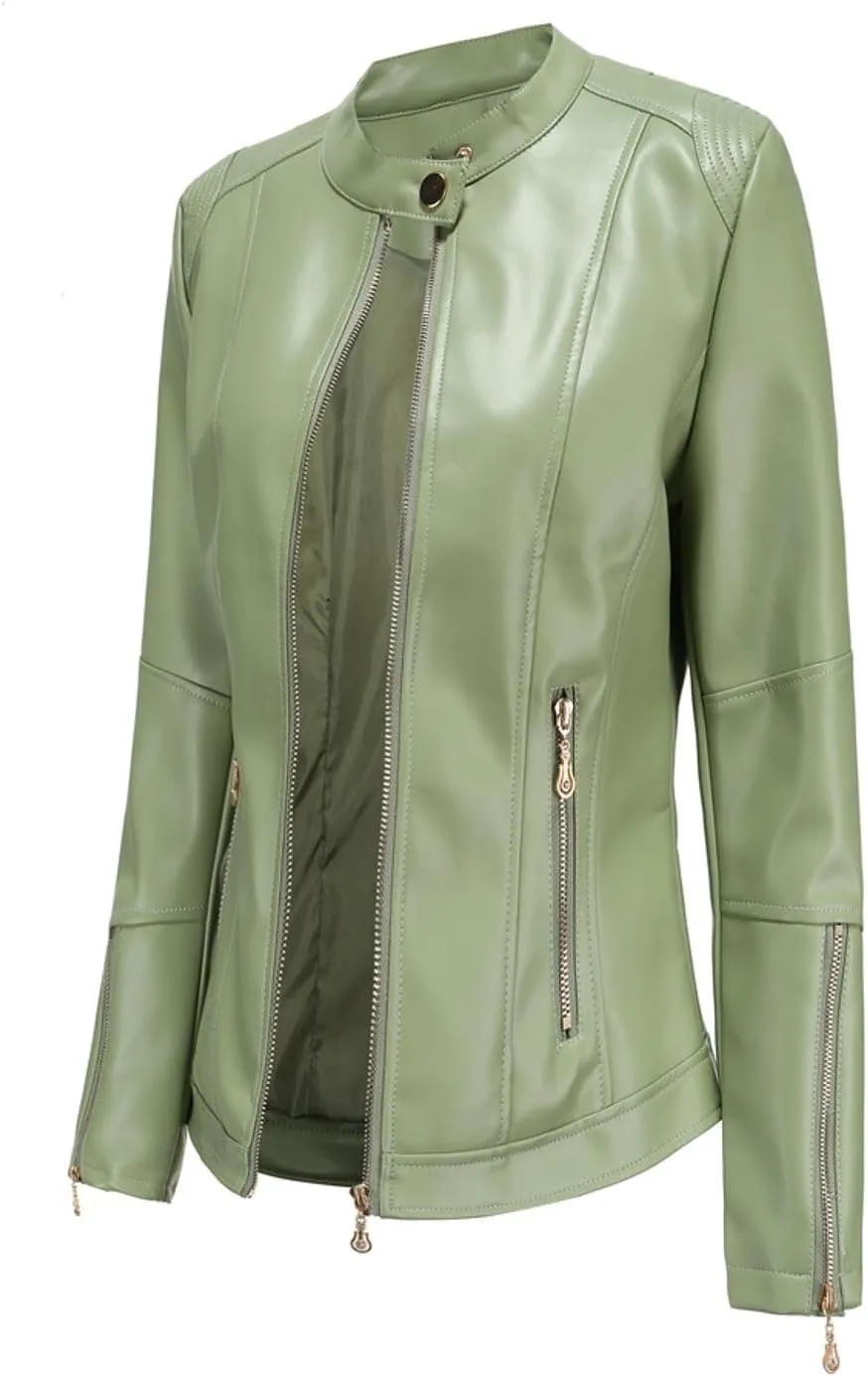 Lu's Chic Women's Fall Leather Jacket Motorcycle Jacket Faux Leather Warm Spring Zip Up Vintage Motorcycle Jacket