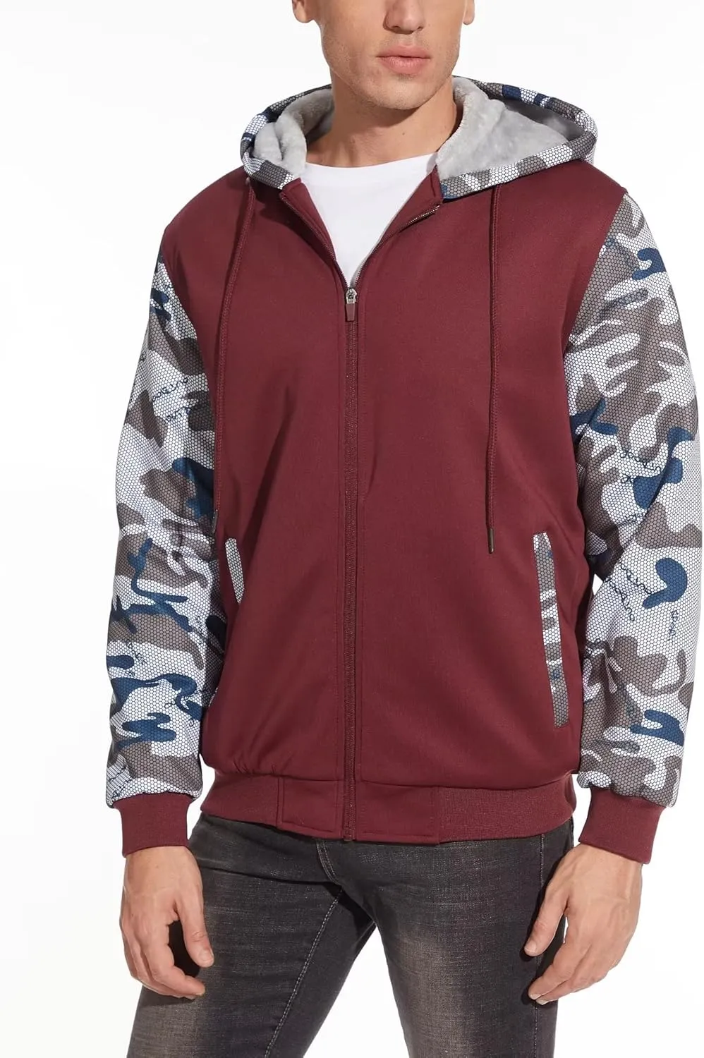 MAGCOMSEN Men's Full Zip Hoodie Fuzzy Fleece Lined Jacket Heavyweight Camo Sweatshirts Winter Coats