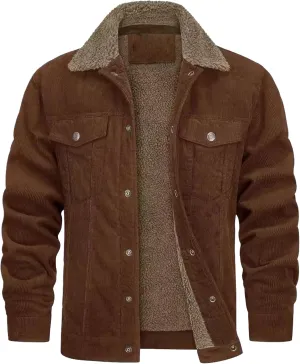 Maiyifu-GJ Men Sherpa Fleece Lined Denim Jacket Corduroy Lapel Slim Fit Trucker Jacket Vintage Button-Front Windbreaker Coats