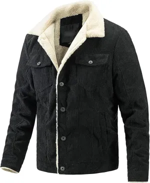 Maiyifu-GJ Men Sherpa Fleece Lined Denim Jacket Corduroy Lapel Slim Fit Trucker Jacket Vintage Button-Front Windbreaker Coats