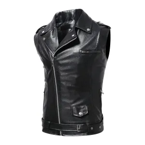 Maiyifu-GJ Men's Faux Leather Biker Sleeveless Jacket Vintage Asymmetric Zip Motorcycle Vest PU Lightweight Punk Belted Coat (Black,X-Large)