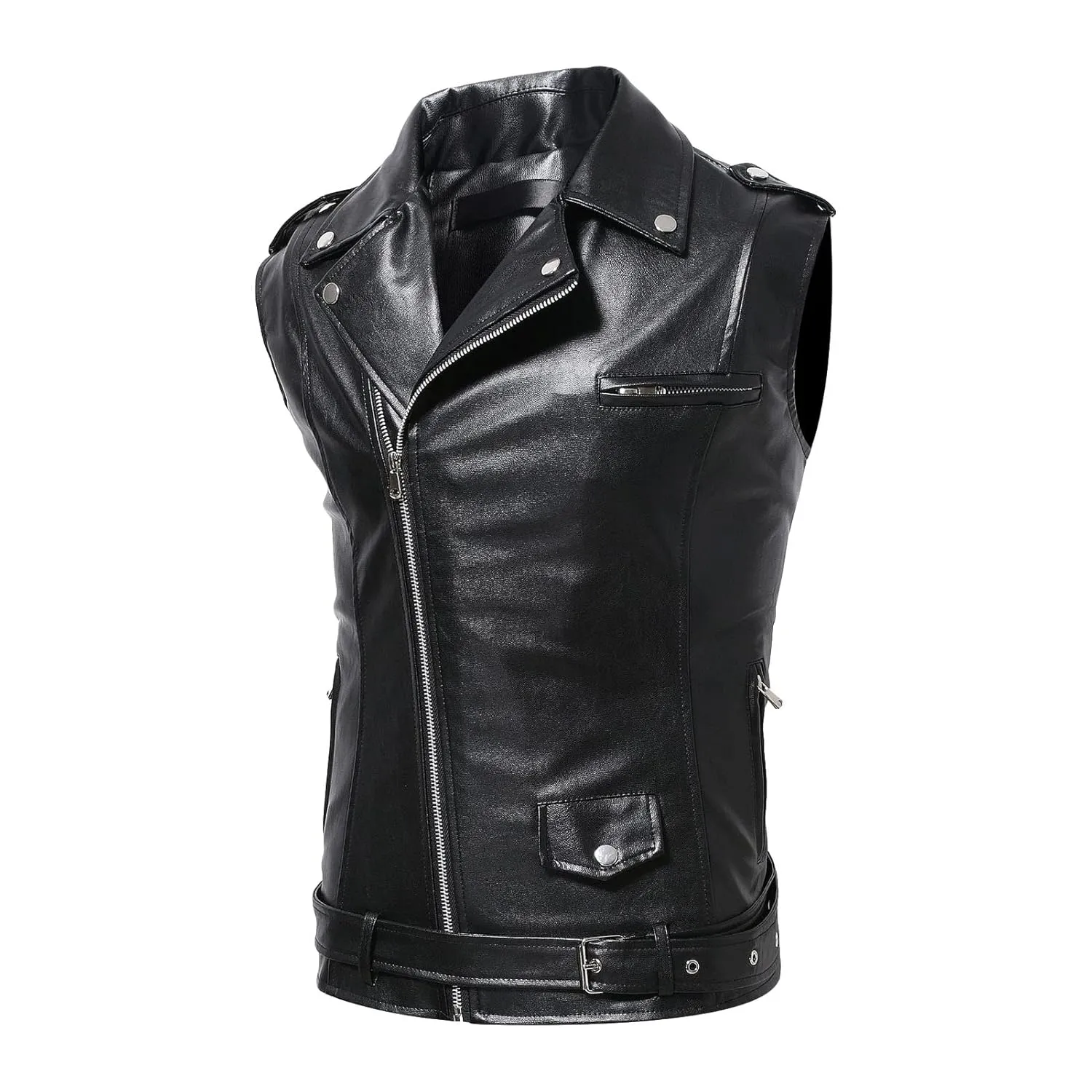Maiyifu-GJ Men's Faux Leather Biker Sleeveless Jacket Vintage Asymmetric Zip Motorcycle Vest PU Lightweight Punk Belted Coat (Black,X-Large)