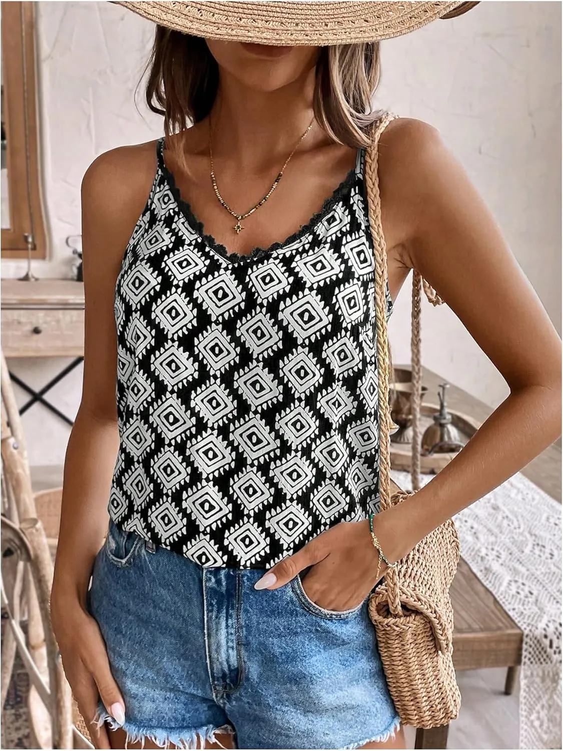 MakeMeChic Women's Geo Print Lace V Neck Camisole Top Spaghetti Strap Sleeveless Cami Tops