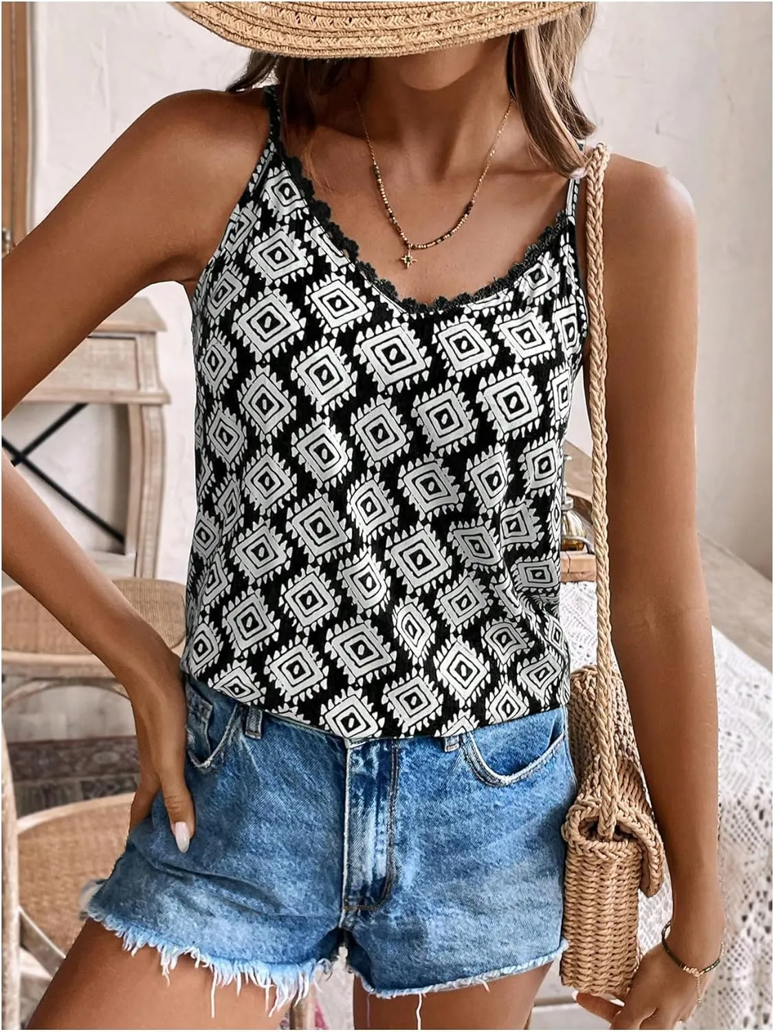 MakeMeChic Women's Geo Print Lace V Neck Camisole Top Spaghetti Strap Sleeveless Cami Tops