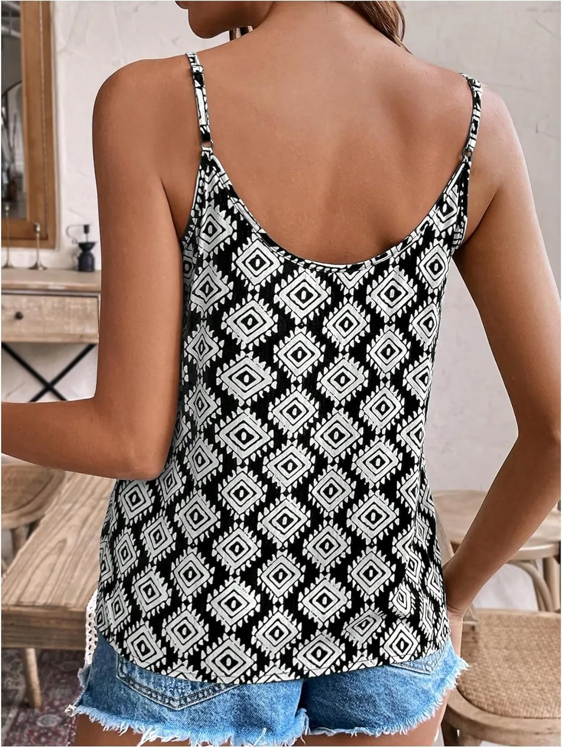 MakeMeChic Women's Geo Print Lace V Neck Camisole Top Spaghetti Strap Sleeveless Cami Tops