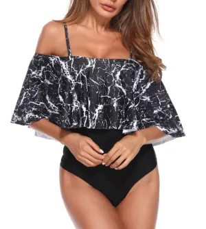 Marble Print Swimsuit Off Shoulder Swim Wear