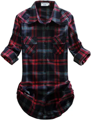 Match Womens Button Down Flannel Plaid Shirts roll up Long Sleeve Shackets Business Blouse Top