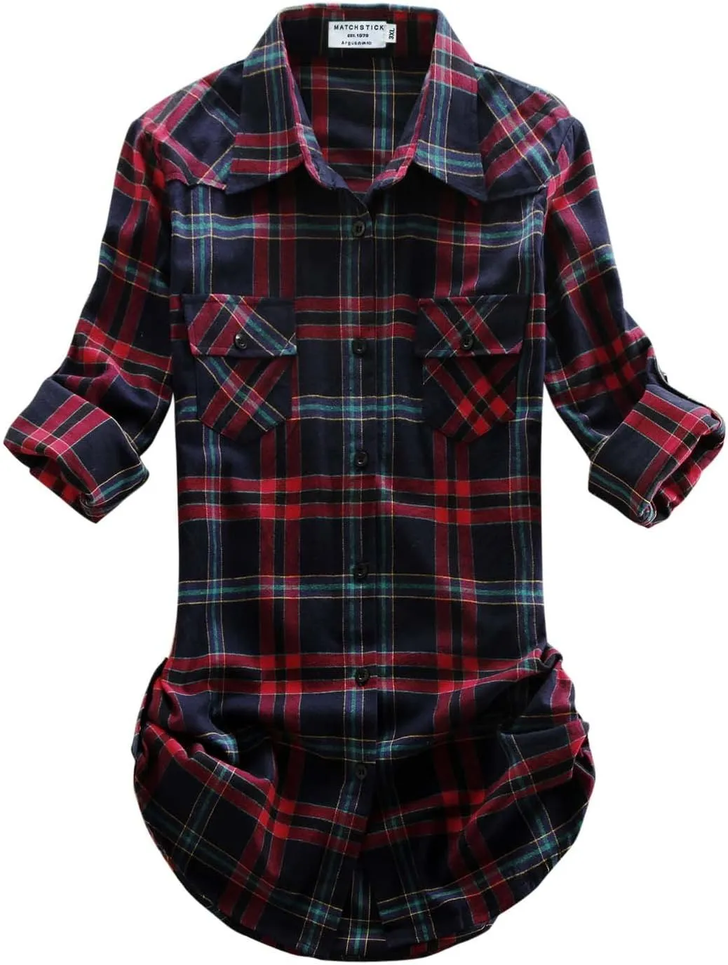 Match Womens Button Down Flannel Plaid Shirts roll up Long Sleeve Shackets Business Blouse Top