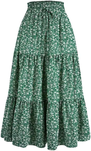 Maxi Skirts for Women Summer Floral Pleated Tiered Boho Flowy Elastic Waist A-Line Spring Beach Vacation Long Skirt