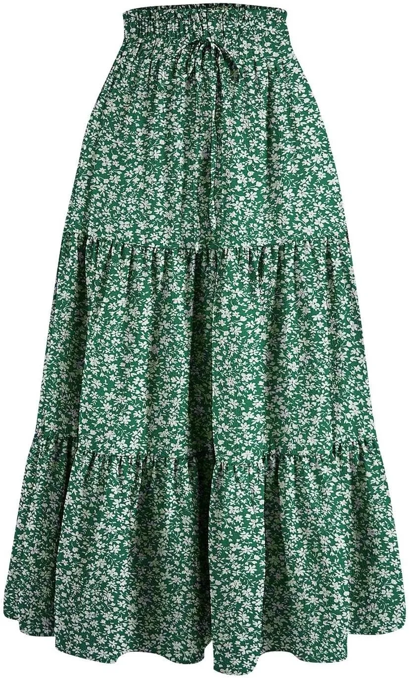Maxi Skirts for Women Summer Floral Pleated Tiered Boho Flowy Elastic Waist A-Line Spring Beach Vacation Long Skirt
