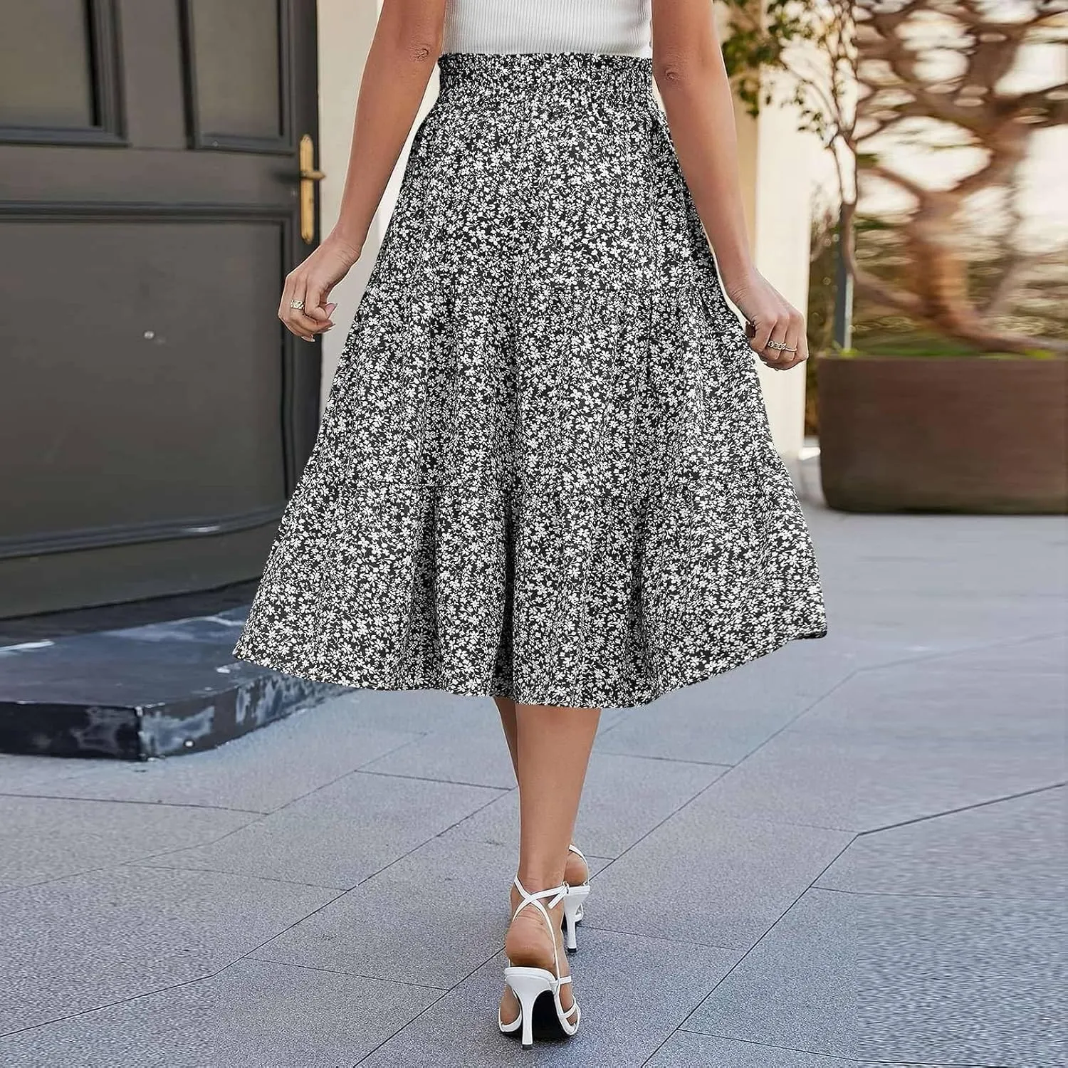 Maxi Skirts for Women Summer Floral Pleated Tiered Boho Flowy Elastic Waist A-Line Spring Beach Vacation Long Skirt