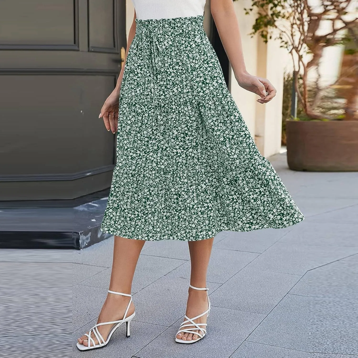 Maxi Skirts for Women Summer Floral Pleated Tiered Boho Flowy Elastic Waist A-Line Spring Beach Vacation Long Skirt