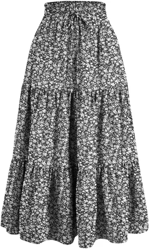 Maxi Skirts for Women Summer Floral Pleated Tiered Boho Flowy Elastic Waist A-Line Spring Beach Vacation Long Skirt